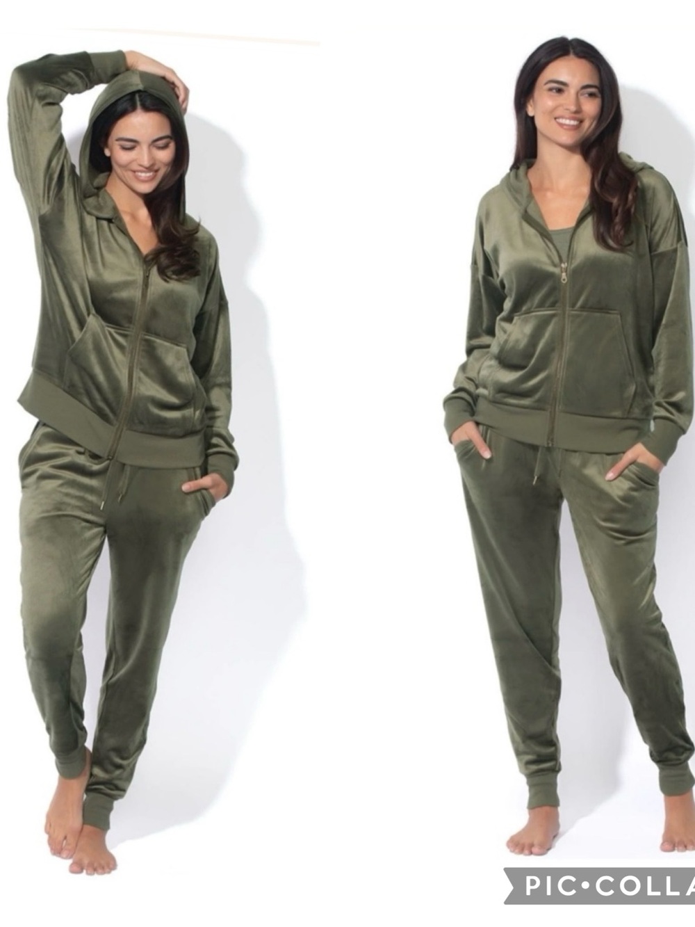 Felina Velour Zip-Up Hoodie & Jogger Set Olive Green / Khaki Size S